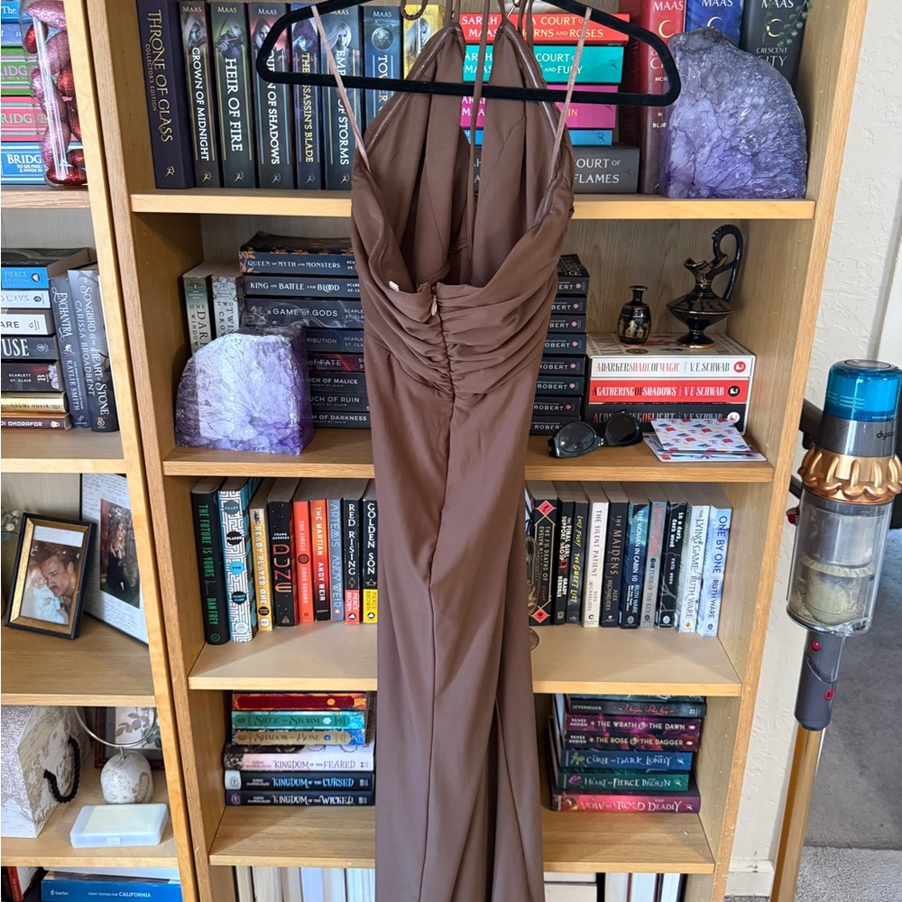 12th Tribe Backless Brown Halter Maxi Dress - Picture 5 of 8
